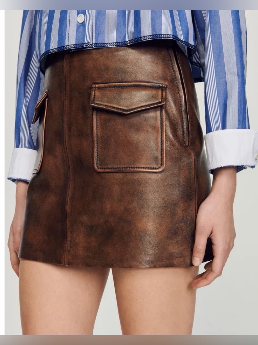 Sandro Paris Distressed Lamb Leather Mini Skirt FR 42 US 10 Brown